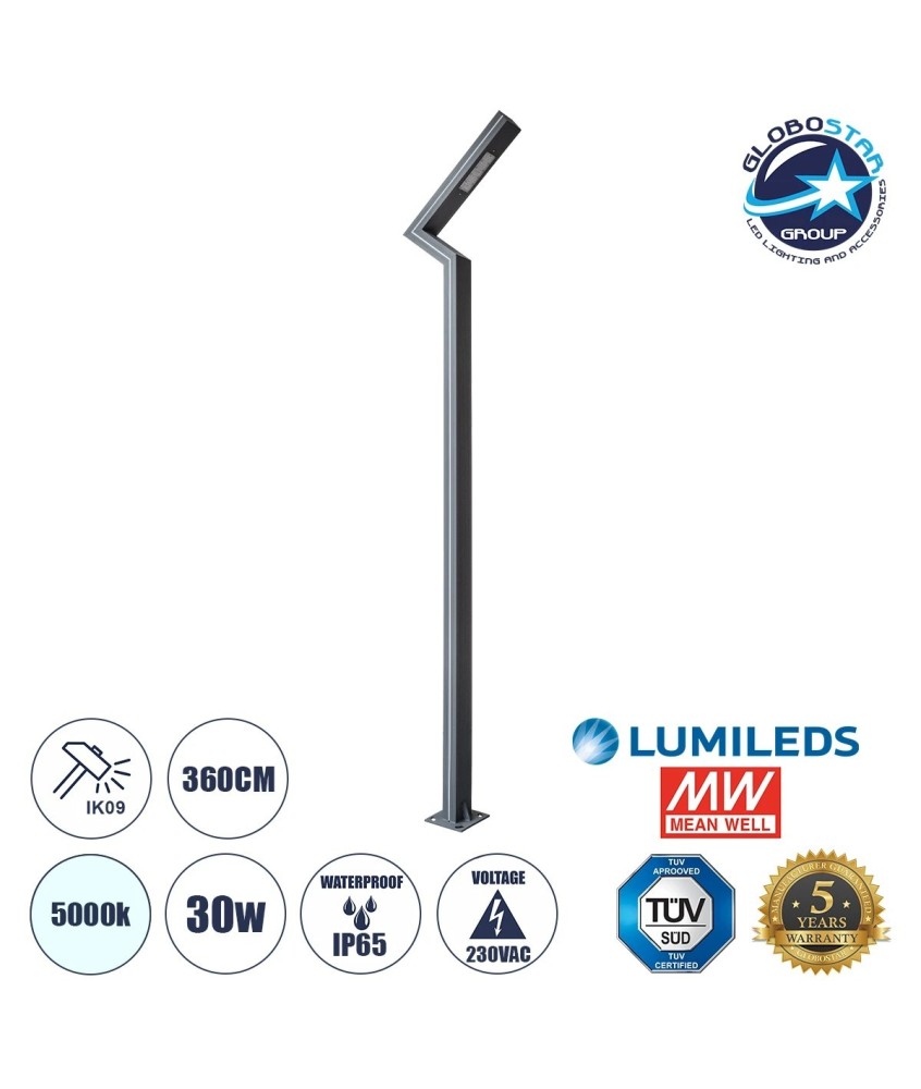 GLOBOSTAR® ZAPOPAN 90838 Φωτιστικό Urban Πλατείας-Πάρκου LED 30W 4080lm 120° AC 220-240V Αδιάβροχο IP65 Φυσικό Λευκό 5000K - Lumileds SMD Chip & Mean Well TÜV Driver - Γκρι Ανθρακί Ματ - Μ75 x Π14 x Υ360cm - 5 Χρόνια Εγγύηση